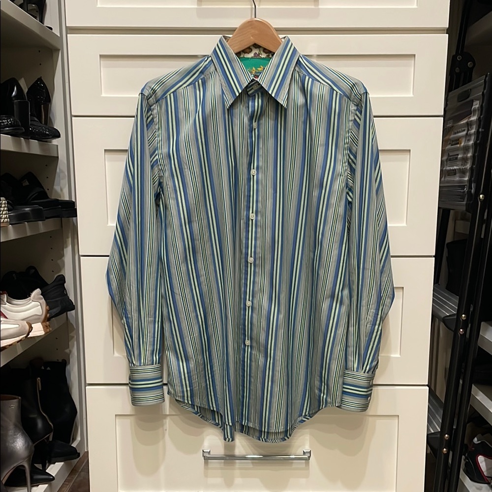 Robert Graham Button Down Shirt in Green and Blue with Striped Pattern
